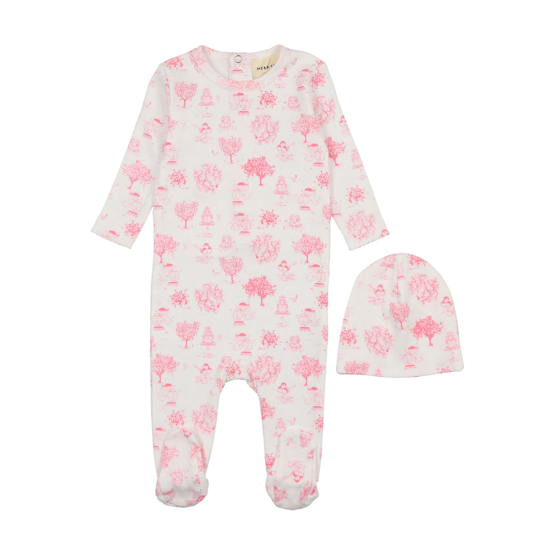 Mema Knits Pink Toile Print Footie + Beanie
