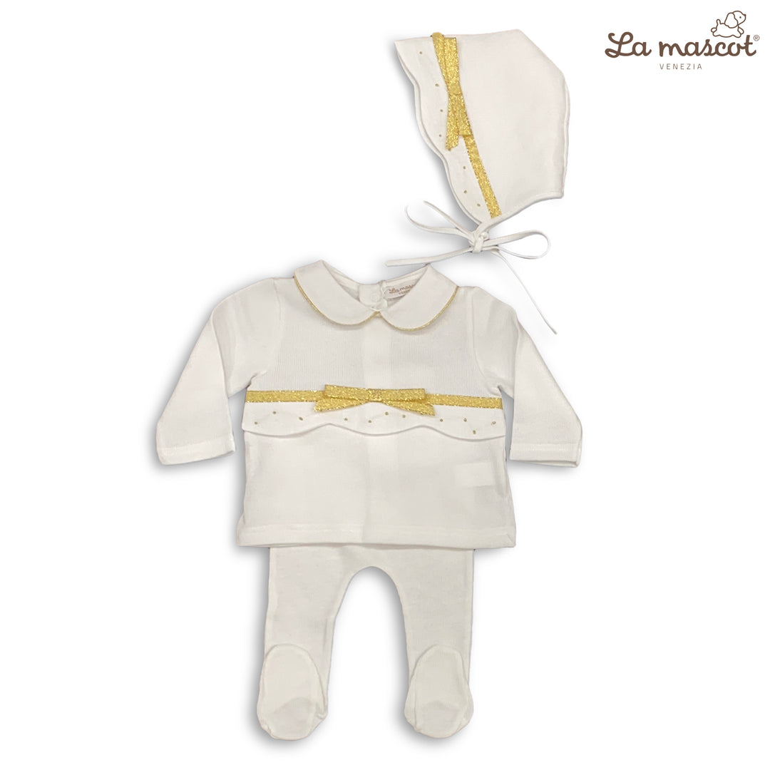 la mascot scalloped knit with ribbon bow layette white gold