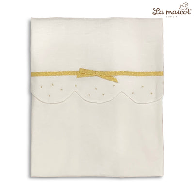 la mascot baby knit blanket scallop and ribbon bow design white gold
