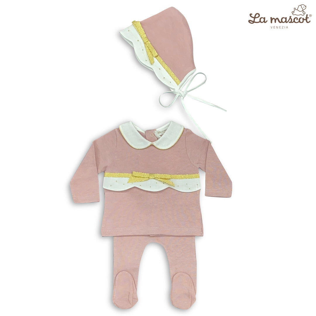 la mascot scallop knit w ribbon bow 3pc set