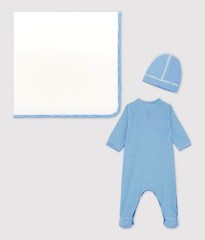 Petit Bateau Baby Gift Set Iconic Rib Footie (Sleepsuit) , Hat (Bonnet) , Blanket (Blue)