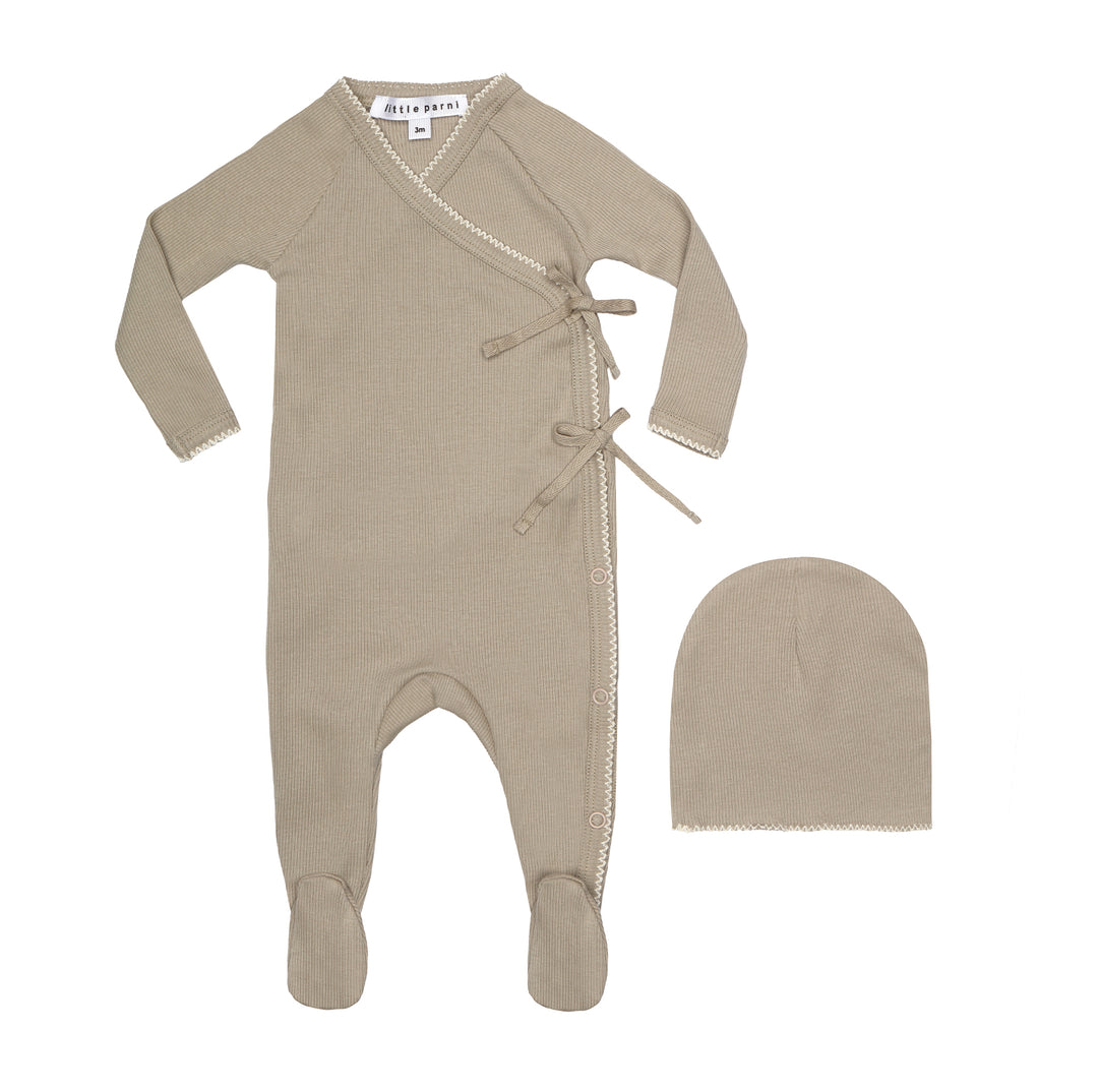 LL-Parni Taupe Ribbed Baby Footie with Beanie