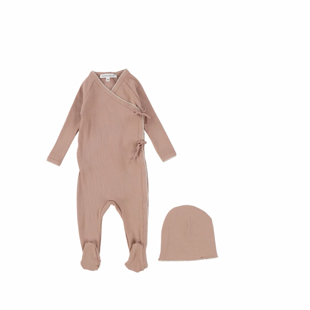 Parni Pink Ribbed Baby Footie with Beanie