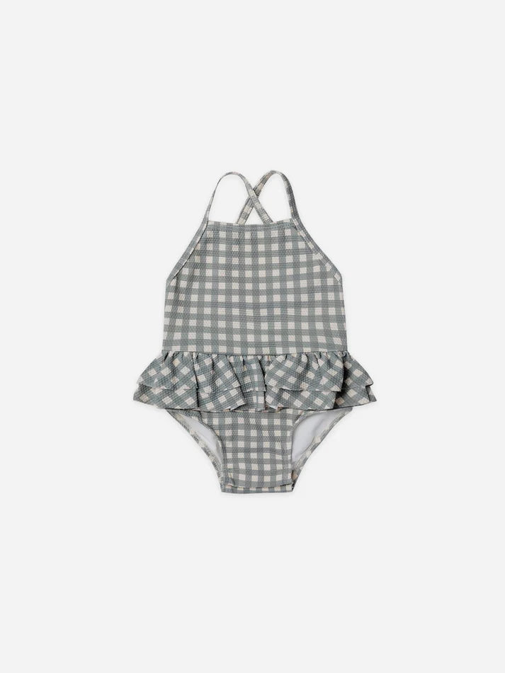 Quincy Mae Sea Green Gingham Ruffled One-Piece Swimsuit