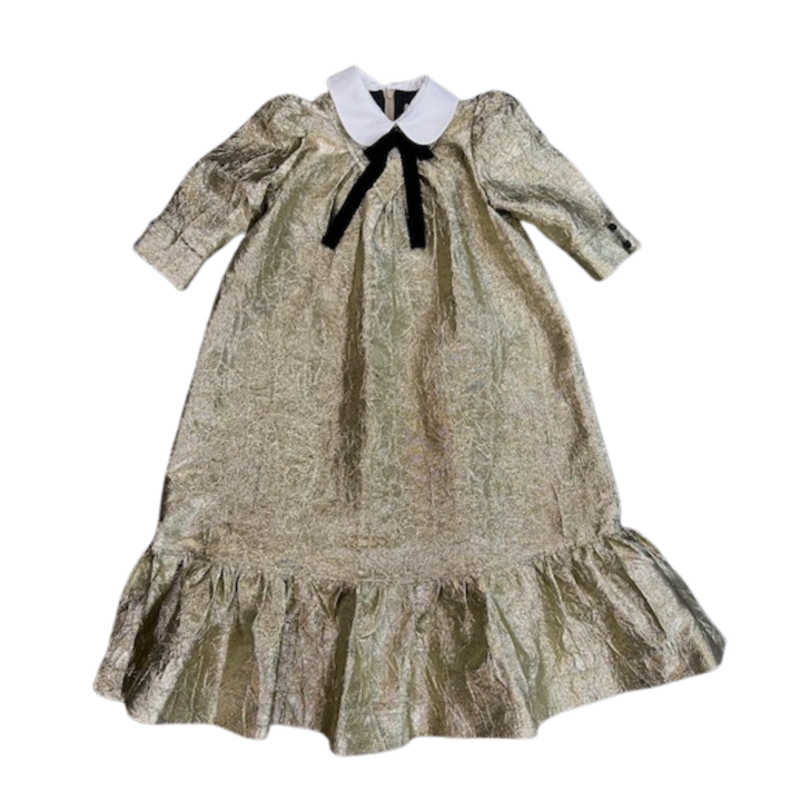 Jouet  Gold Brocade Maxi Dress with Contrast Collar & Bow