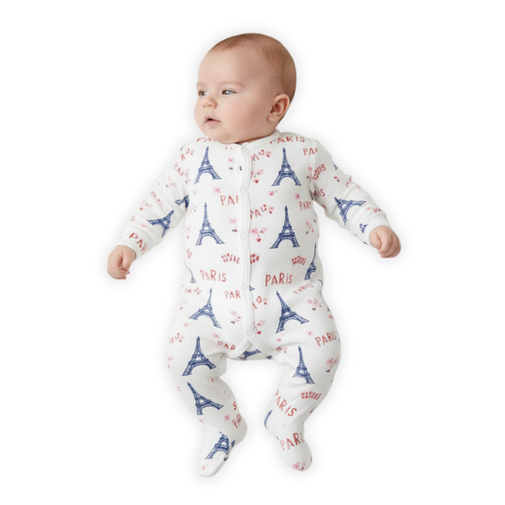Petit Bateau Baby Girl Front Snap Parisien Print Footie | Soft Cotton Sleepsuit