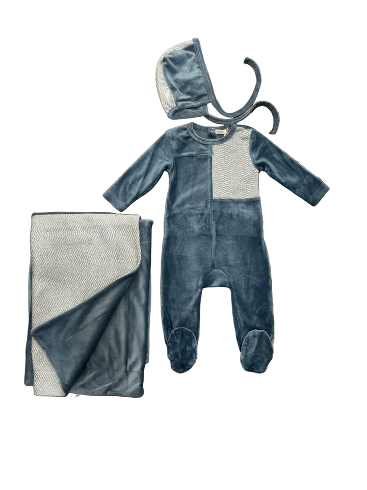 Little Lux Herringbone/Velour Footie+Bonnet+Blanket