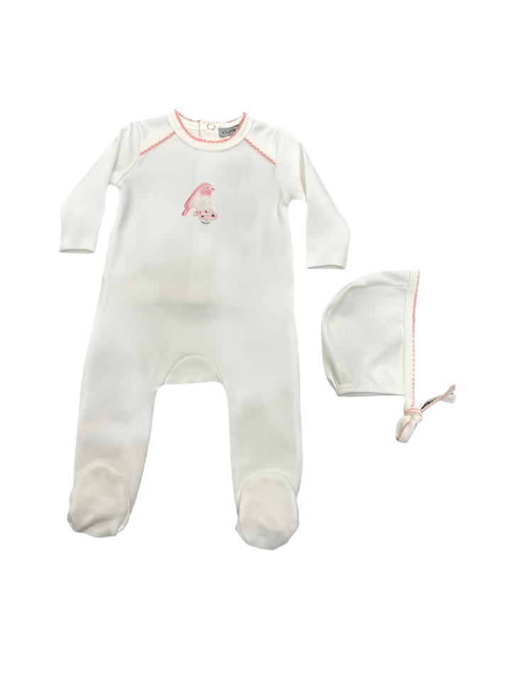 BIRD PICOT TRIM FOOTIE + BONNET