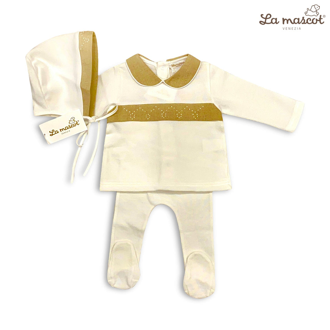 la mascot embroidered linen 3pc set white gold