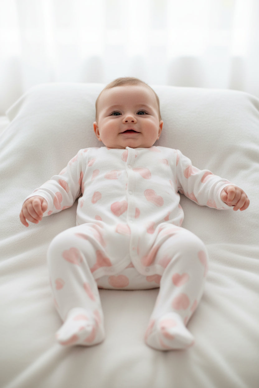 baby front snap footie with heart print, soft cotton sleeper