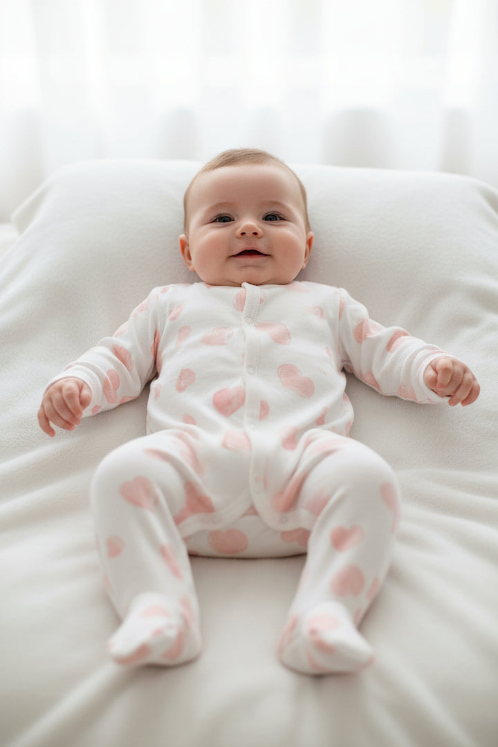 baby front snap footie with heart print, soft cotton sleeper