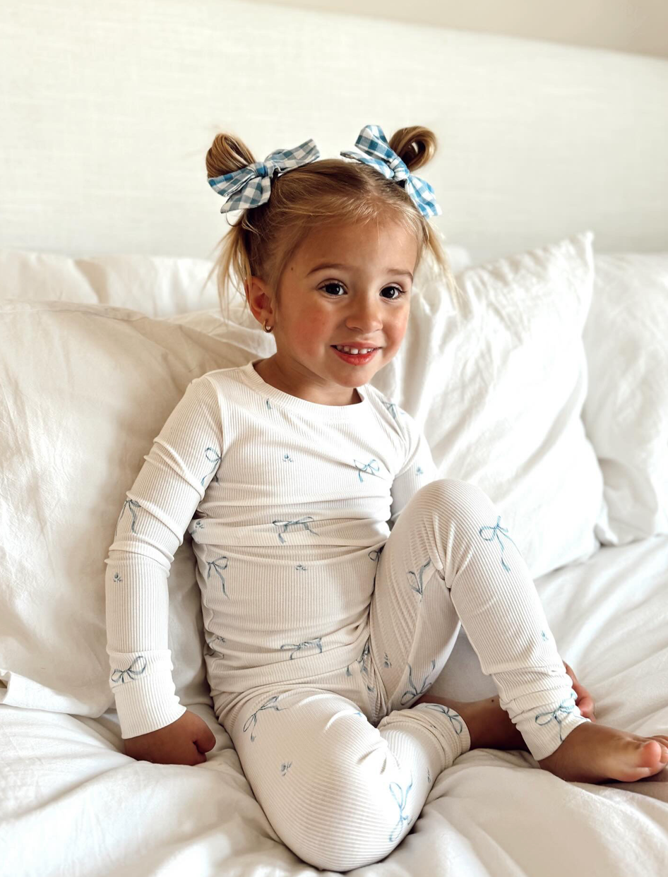 Dreamy Skies Baby - Ribbed Bamboo Two Piece Pj Set in Blue Bows: 4T