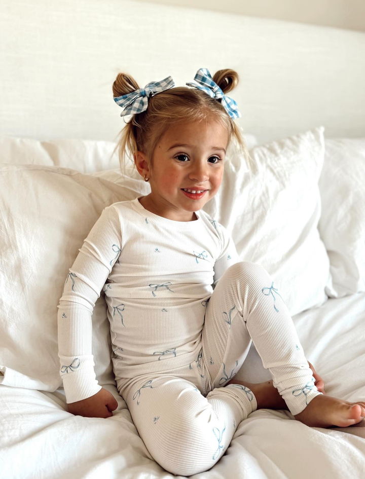 Dreamy Skies Baby - Ribbed Bamboo Two Piece Pj Set in Blue Bows: 2T