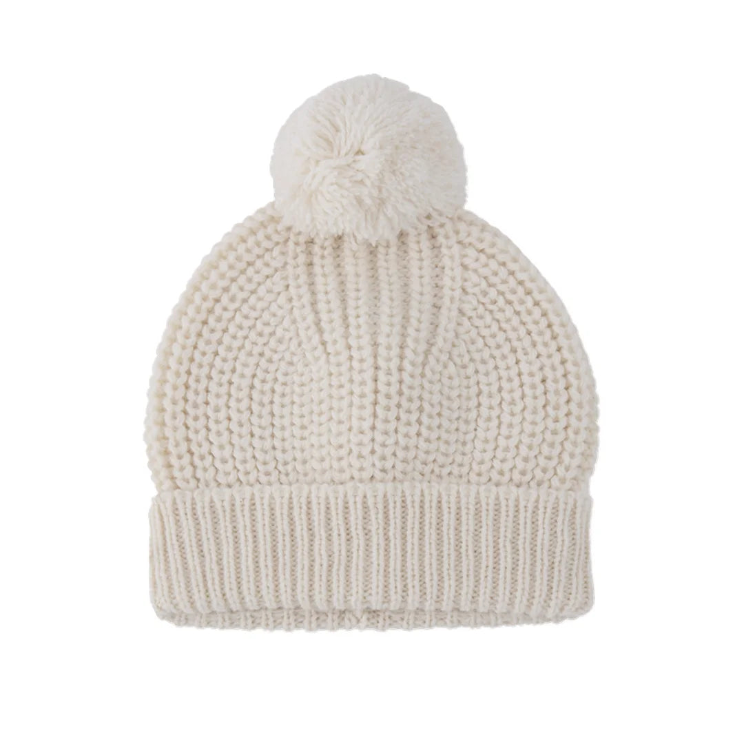 A front view of the 1+ in the Family BEZIERS newborn beanie in ecru color.