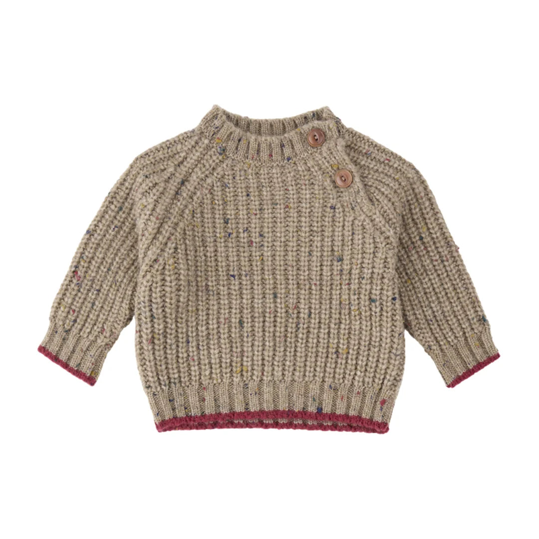 A front view of the neutral canapa 1+ in the Family Maligne knit sweater for babies.