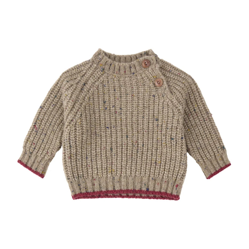 A front view of the neutral canapa 1+ in the Family Maligne knit sweater for babies.