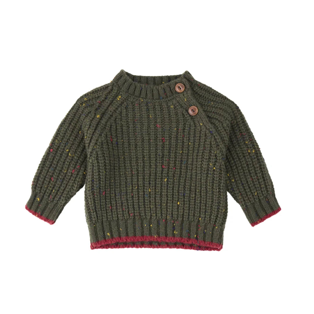 A front view of the warm khaki 1+ in the Family Maligne knit sweater for babies.