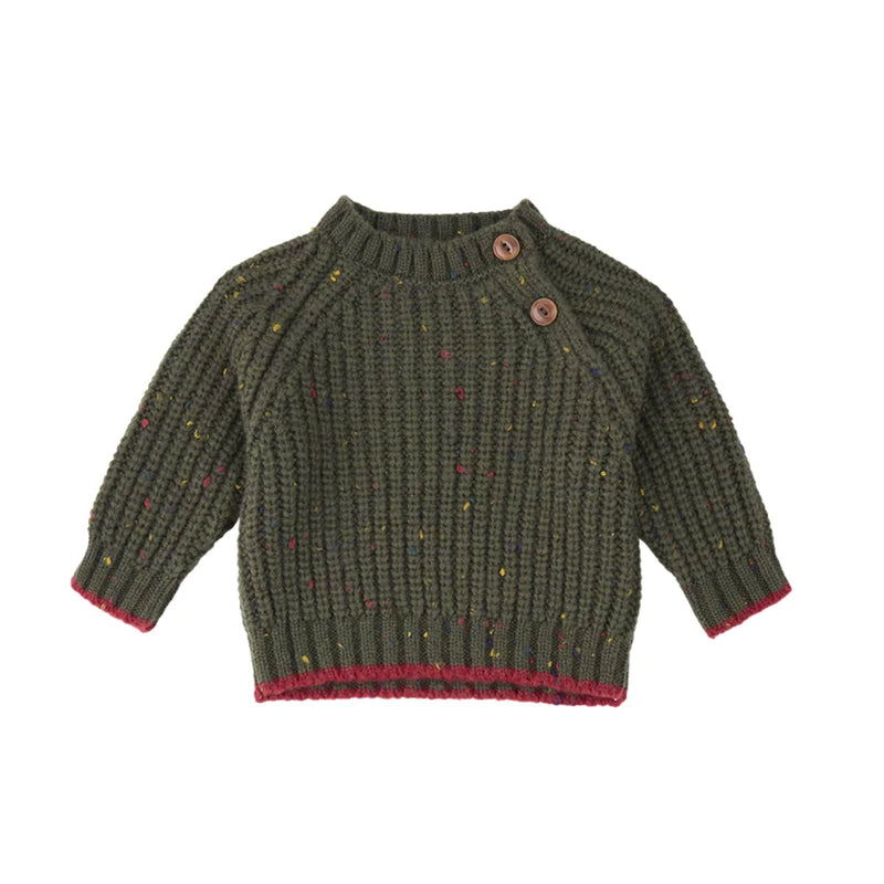 A front view of the warm khaki 1+ in the Family Maligne knit sweater for babies.