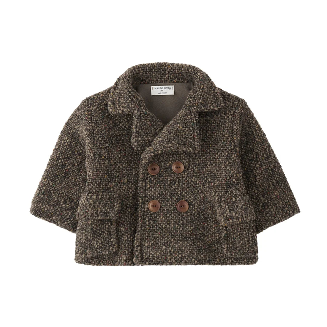 A classic double-breasted pea coat in a sophisticated dark taupe by 1+ in the Family.