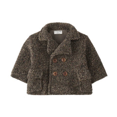 A classic double-breasted pea coat in a sophisticated dark taupe by 1+ in the Family.