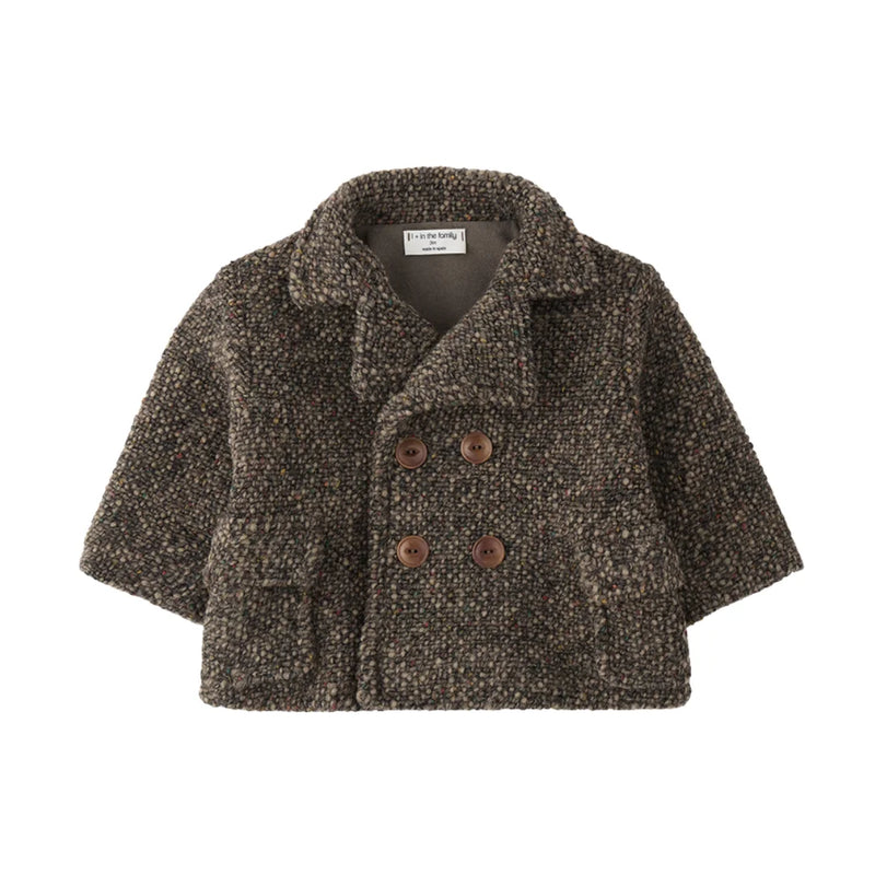 A classic double-breasted pea coat in a sophisticated dark taupe by 1+ in the Family.
