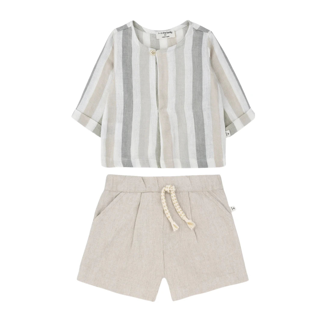 Striped shirt and beige shorts set on a white background
