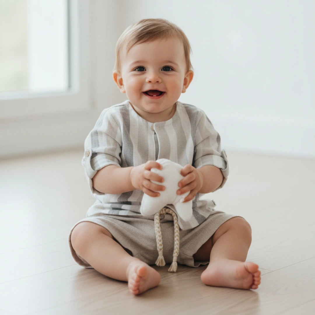 Baby sitting on a light-colored floor holding a white plush toy.