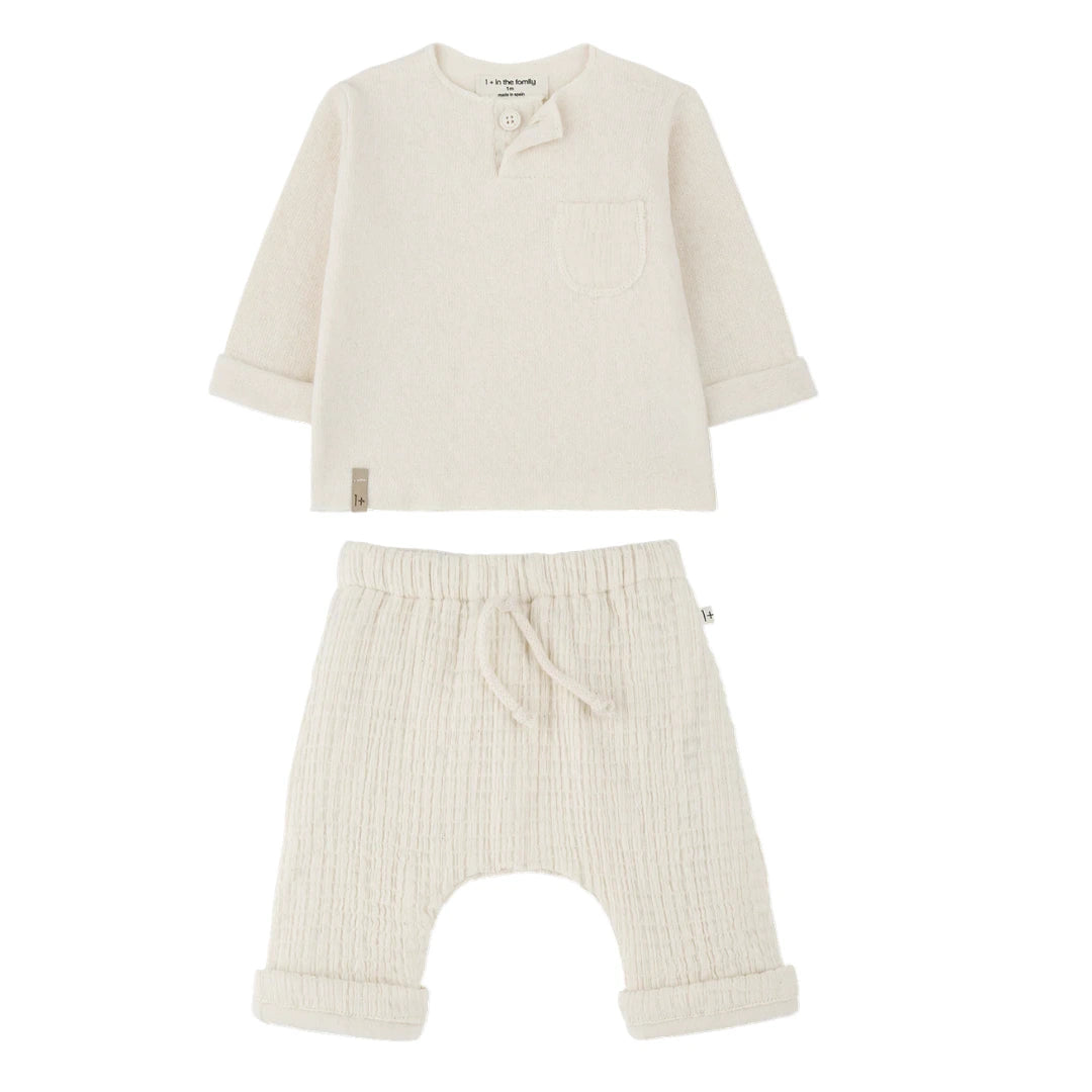 A breathtaking 1+ in the Family Ecru Set featuring the Mathias Henley and Ramon Lined Pants, showcasing its authoritative architectural fit.