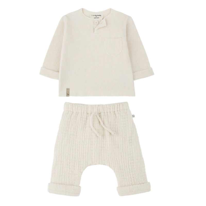 A breathtaking 1+ in the Family Ecru Set featuring the Mathias Henley and Ramon Lined Pants, showcasing its authoritative architectural fit.