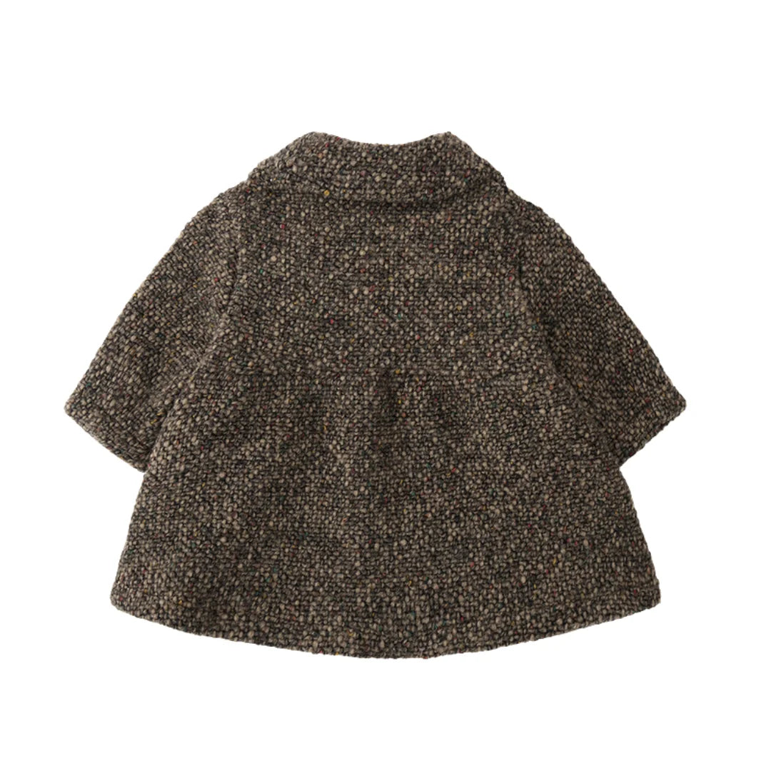 The back view of the dark taupe LERICI coat by 1+ in the Family, showcasing its smooth and tailored design.