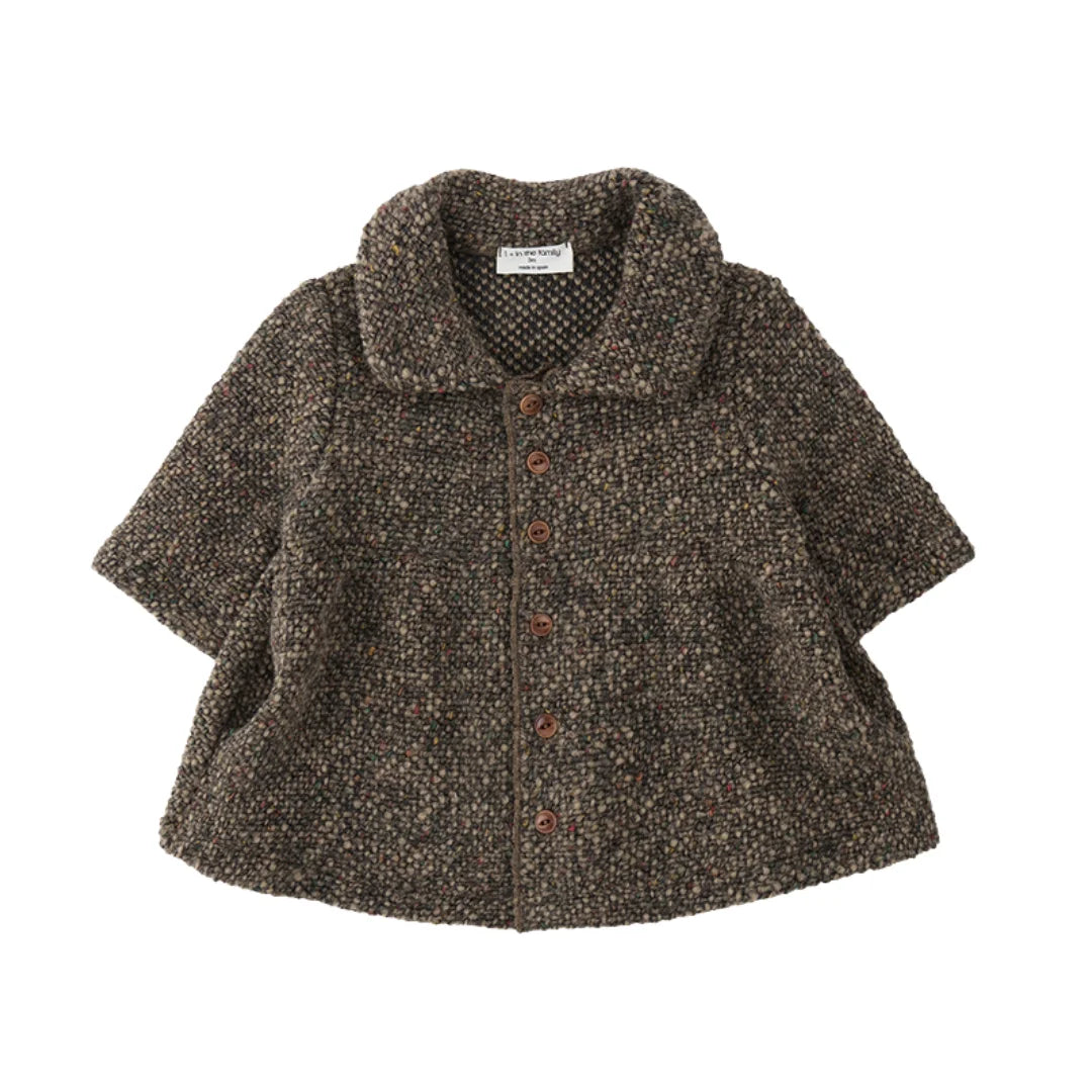 The 1+ in the Family LERICI coat in dark taupe, featuring a clean, minimalist silhouette and button-front closure.
