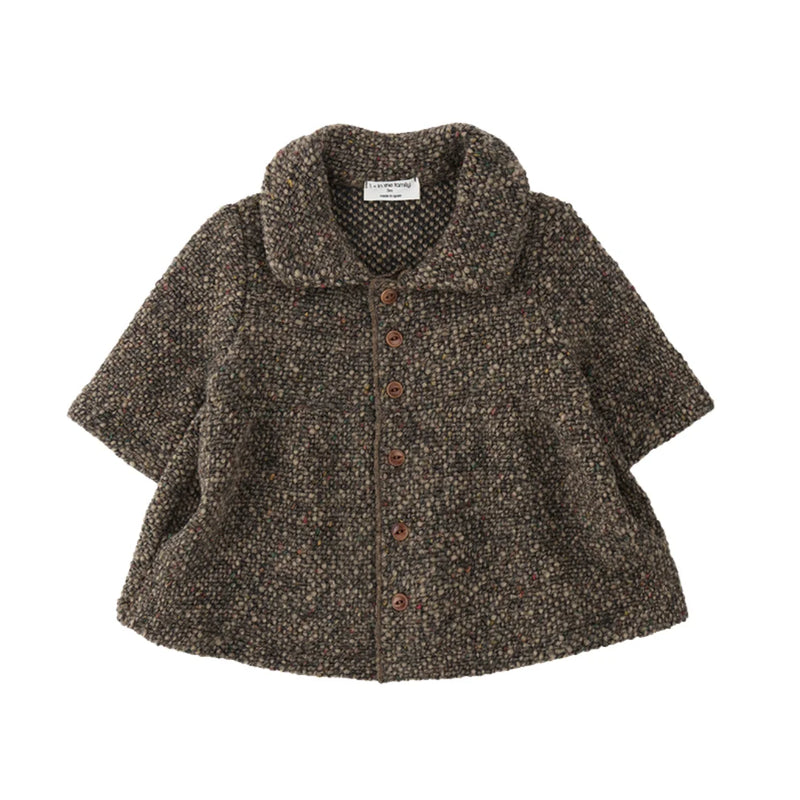 The 1+ in the Family LERICI coat in dark taupe, featuring a clean, minimalist silhouette and button-front closure.