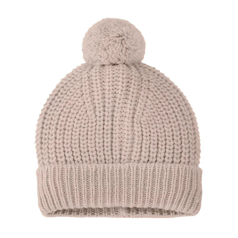 Knitted beanie with pom-pom on a white background