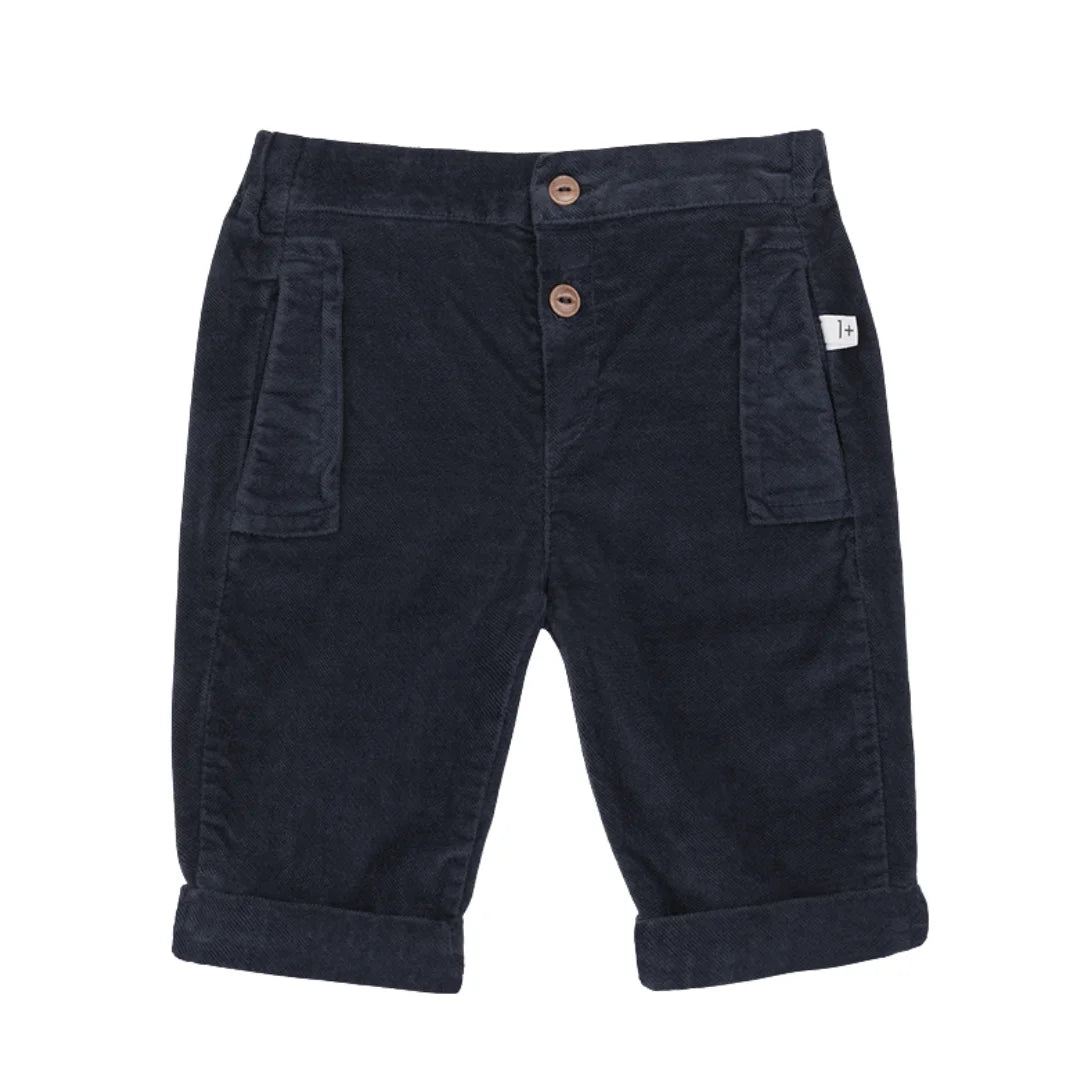 Navy blue corduroy pants with button details on a white background
