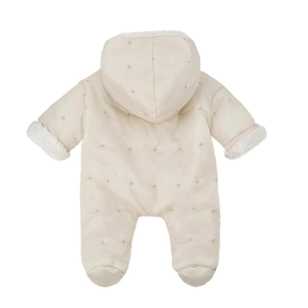 Beige baby snowsuit with white stars on a white background