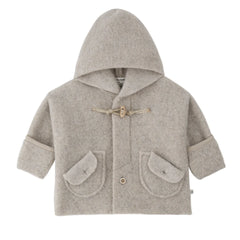 A cozy 1+ in the Family LILLE hooded baby jacket in a warm, neutral beige color.