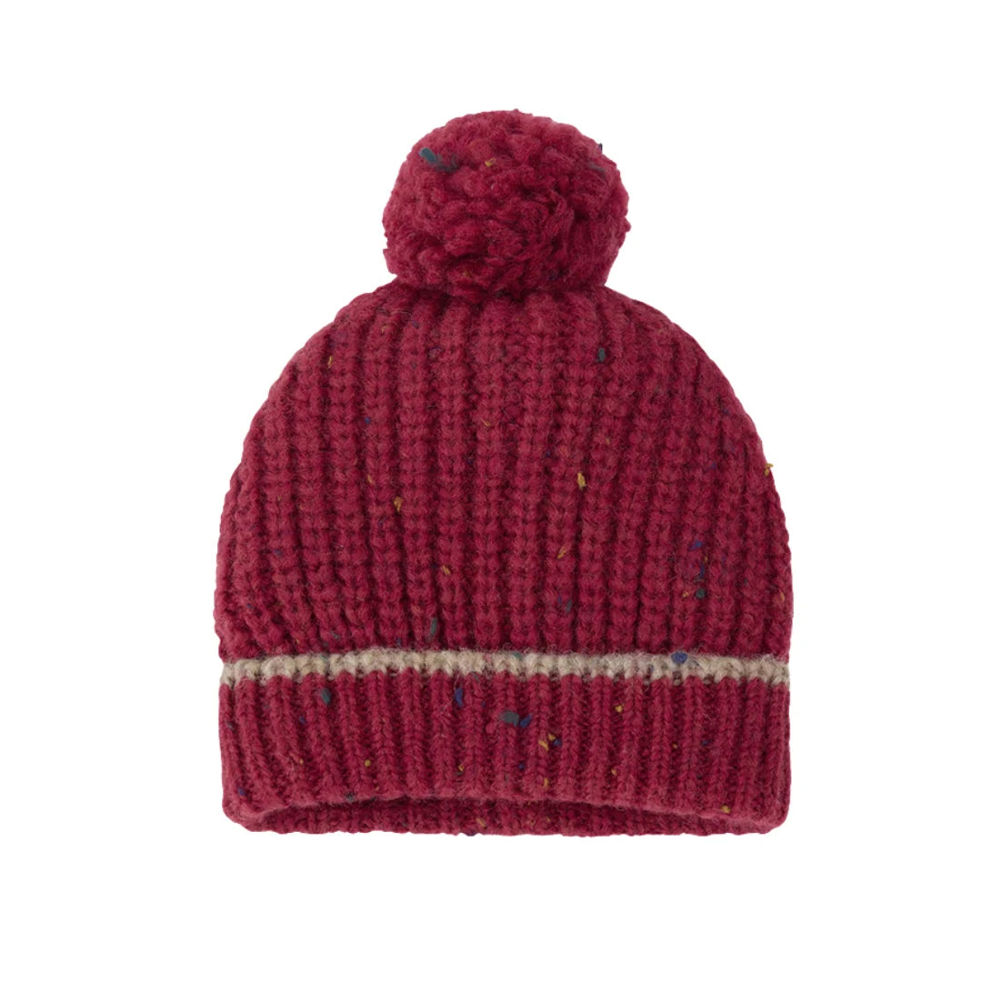 A classic 1+ in the Family Louise knit beanie shown in a warm Fiamma color.