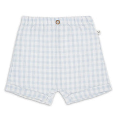 A pair of minimalist 1+ in the Family Bermuda Shorts in Misty Blue, showcasing the refined architectural tailoring and premium fabric texture.