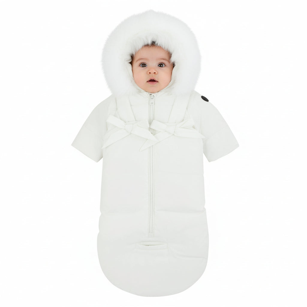 Pramie Ivory Bow Baby Snowsuit 3M–6M | Elegant & Cozy Winter Wear for Infants