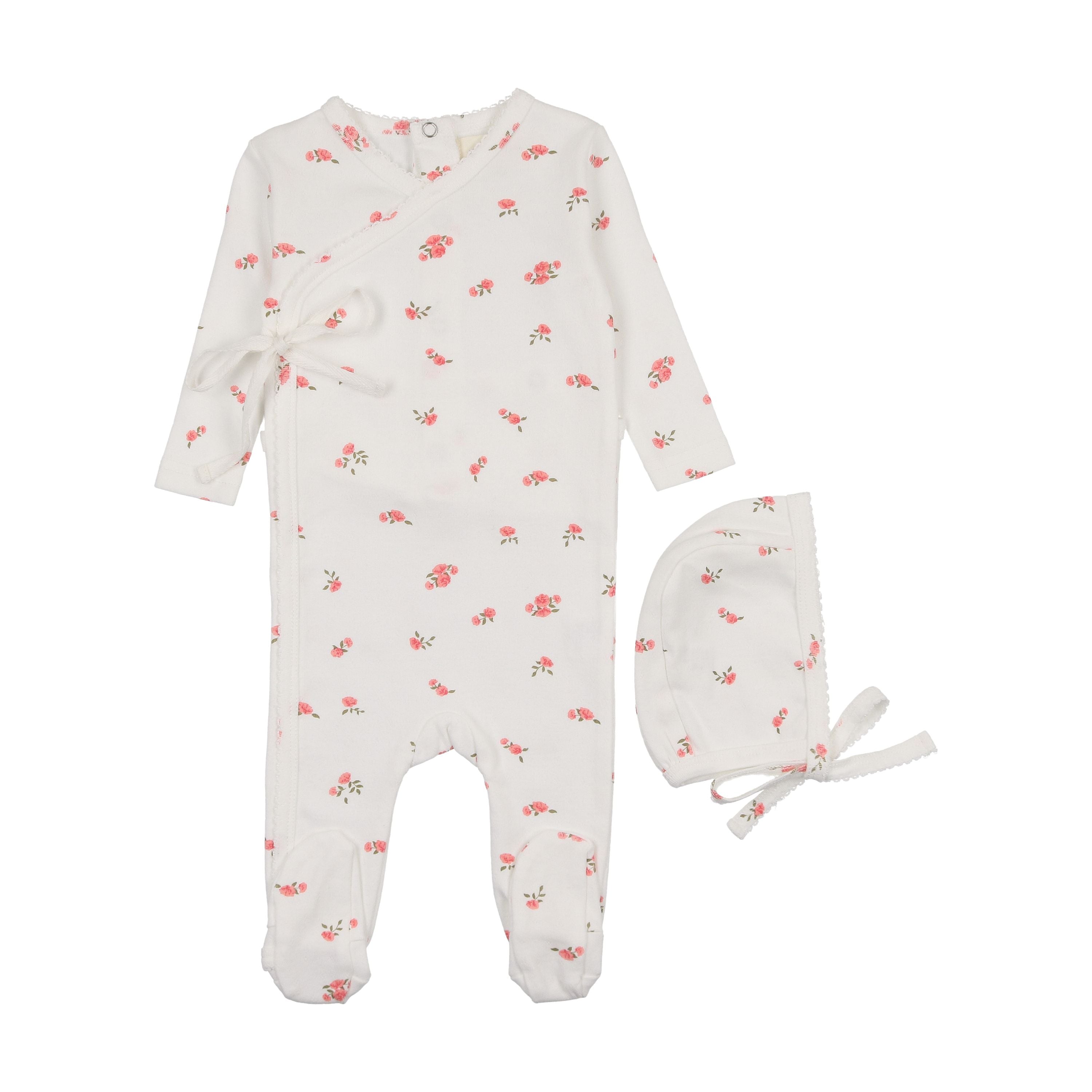 Mema Knits Floral Pink Pointelle Side Snap Footie + Bonnet