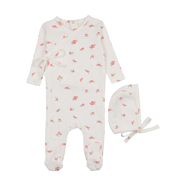 Mema Knits Floral Pink Pointelle Side Snap Footie + Bonnet