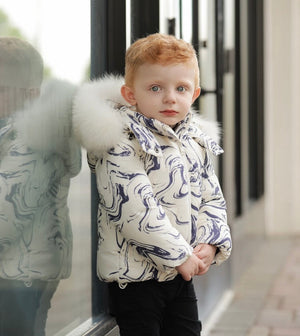 Pramie Little Boys Marble Print Down Jacket – Designer Warmth on Sale
