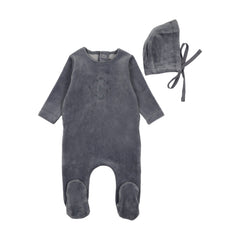Bee & Dee Hydrangea Blue Lovely Loops Velour Footie + Bonnet