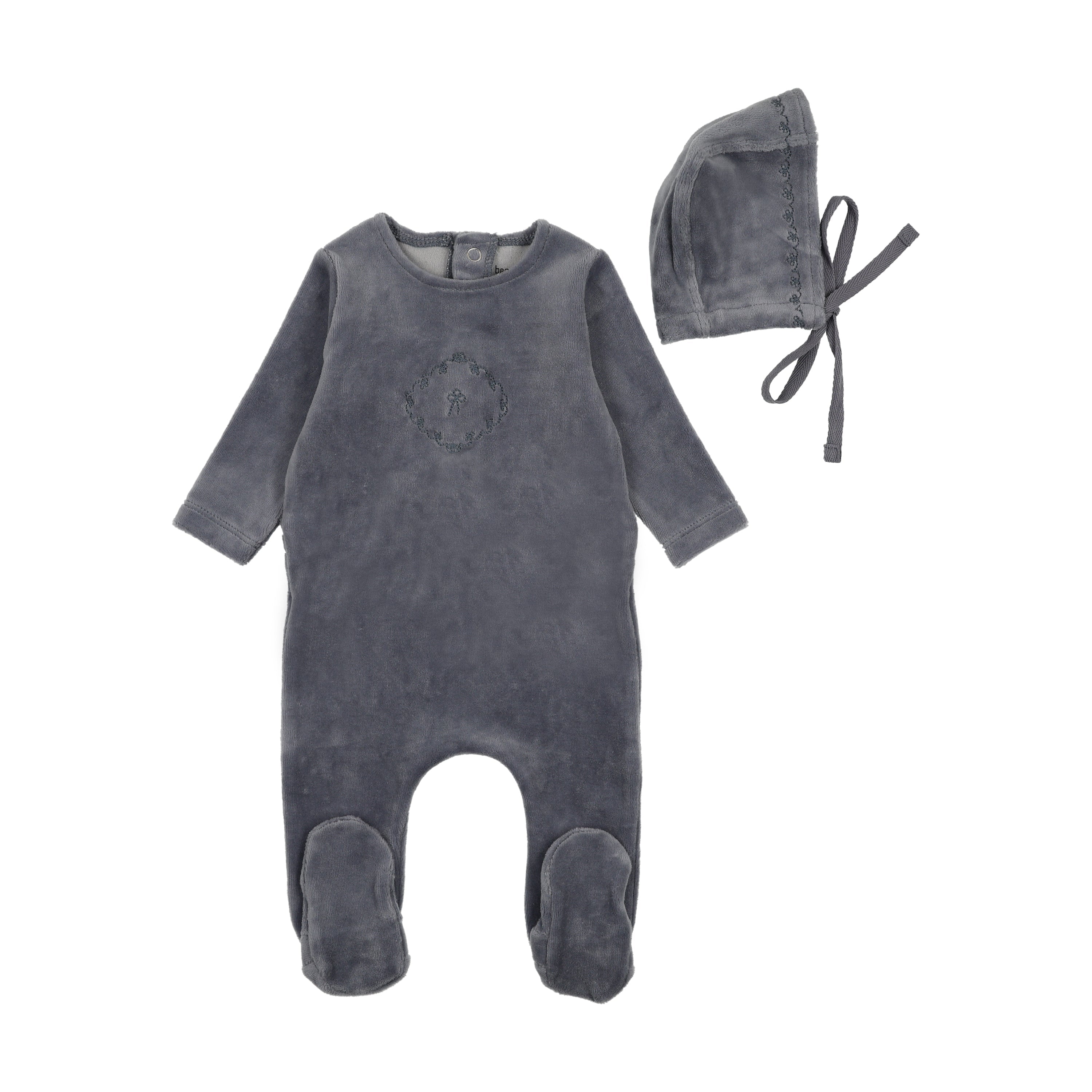 Bee & Dee Hydrangea Blue Lovely Loops Velour Footie + Bonnet
