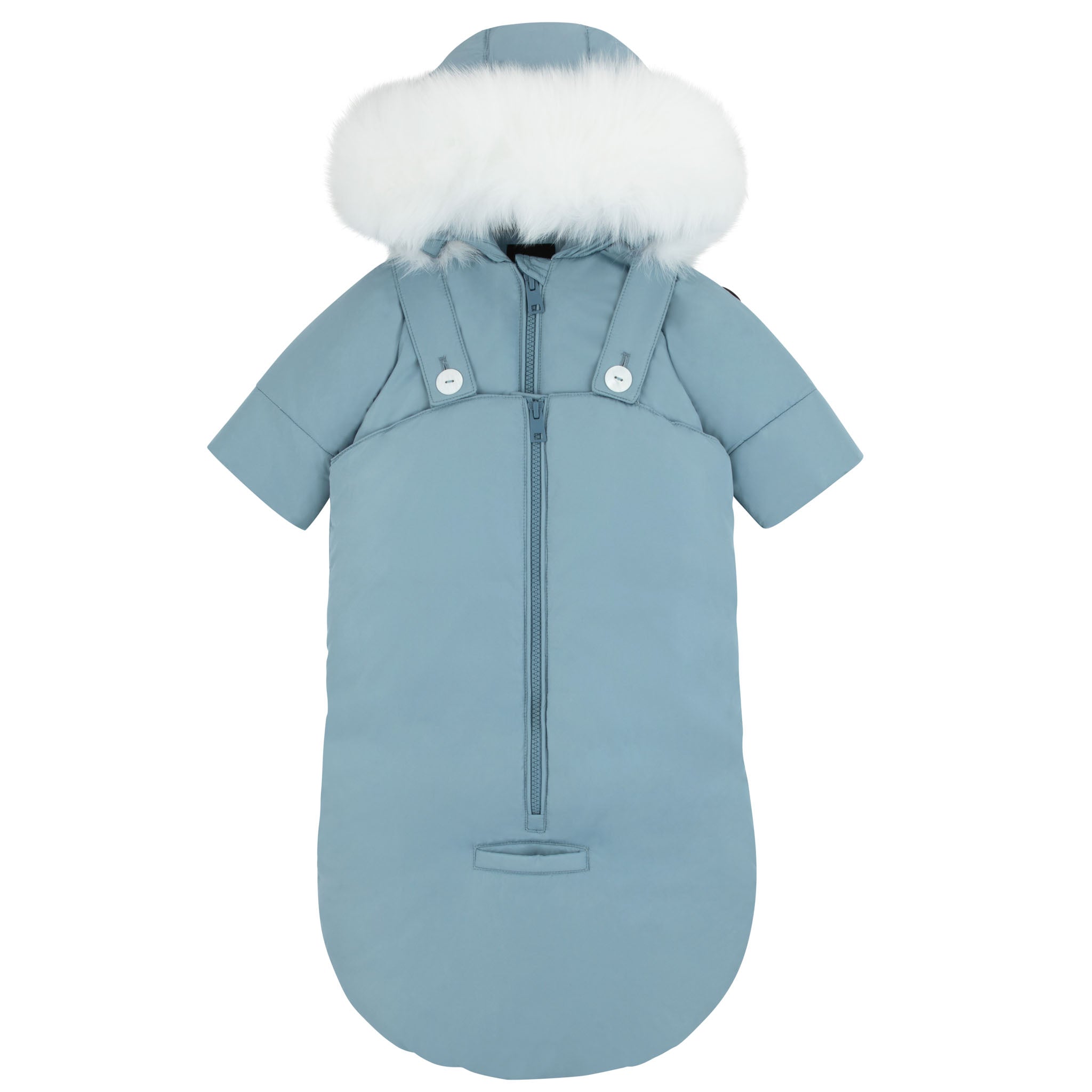 Blue baby snowsuit with fur-lined hood on a white background