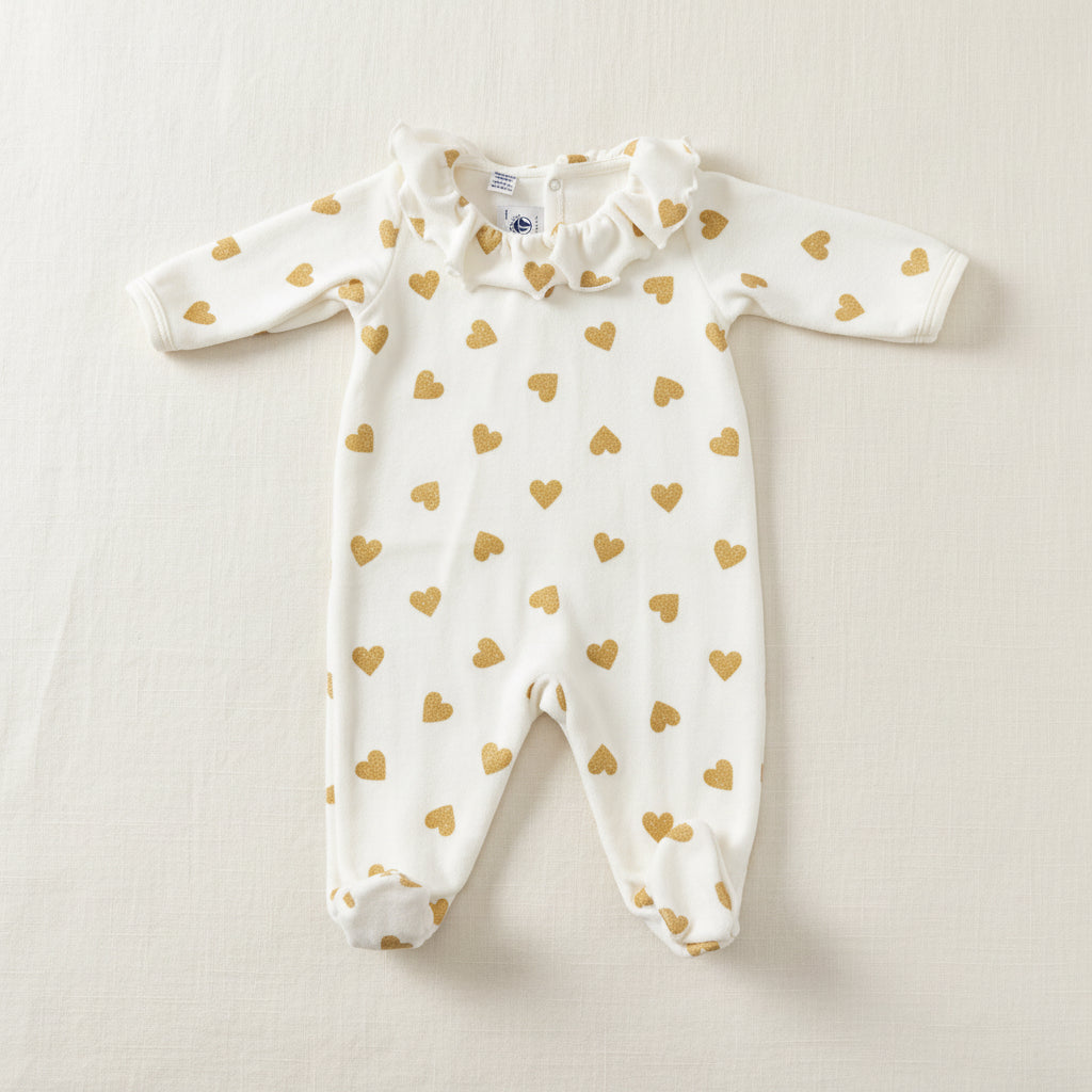 Petit Bateau baby velour footie with back snap closure, heart detail and collar