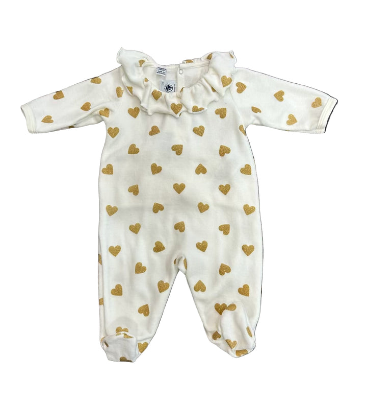 Petit Bateau baby velour footie with back snap closure, heart detail and collar