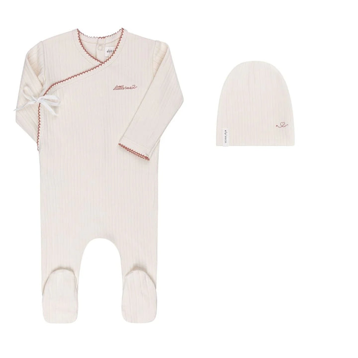 Ely's & Co Ivory/Pink Cotton Little One Footie + Beanie