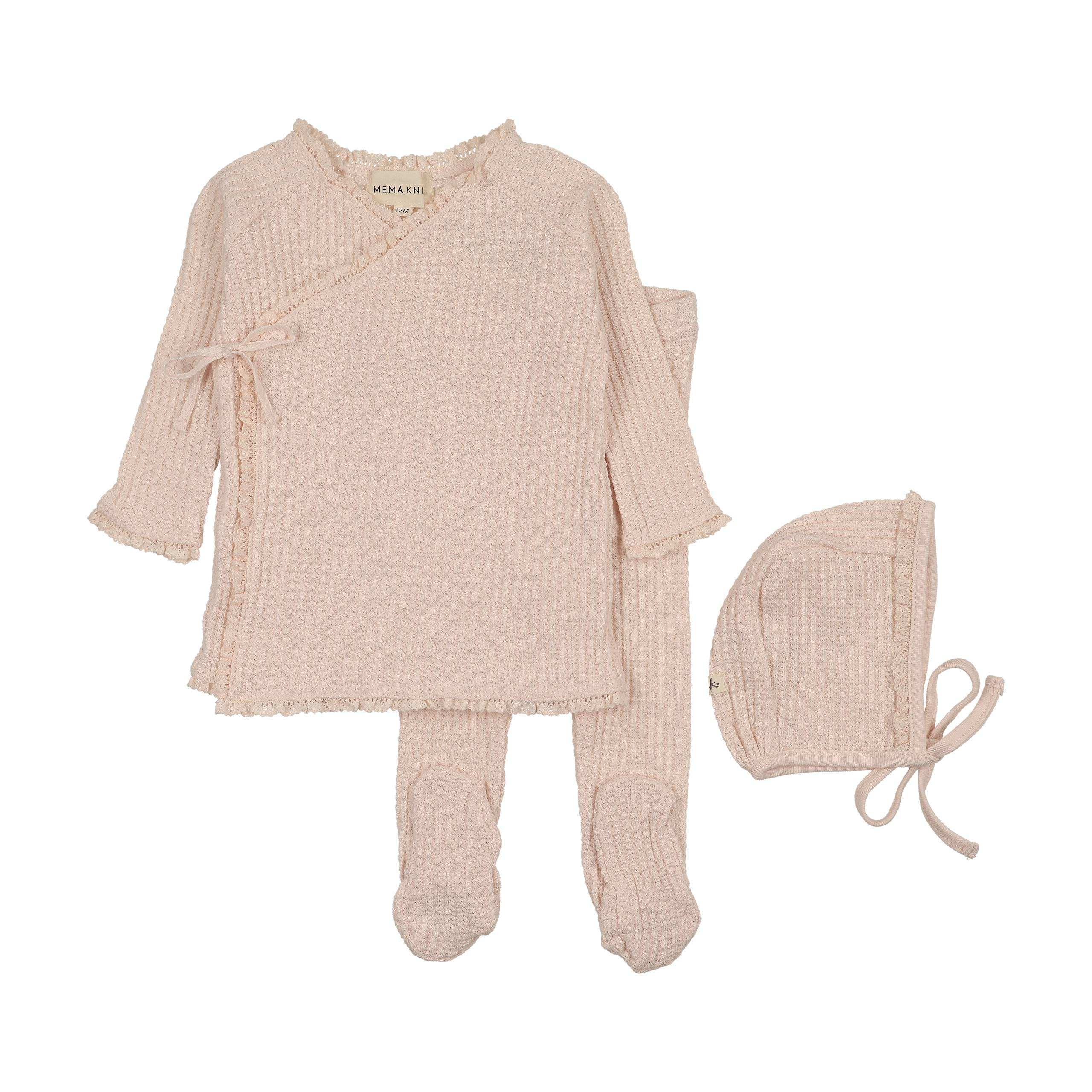 Mema Knits Baby Blush Waffle Ruffle Trim 2 Pc Set + Bonnet