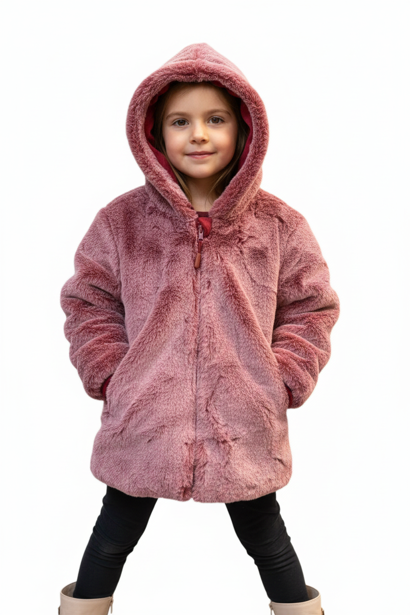 Child wearing a pink hooded coat on a white background